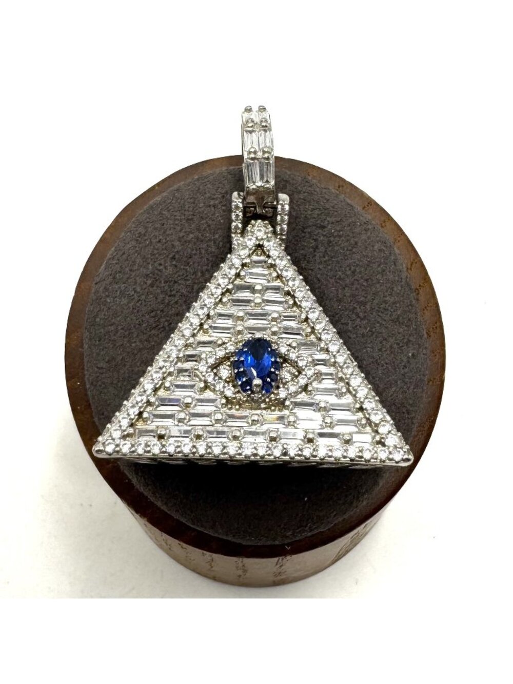 Sterling Silver 925 Blue & White CZ All Seeing Eye Pyramid Pendant 1.5" Length